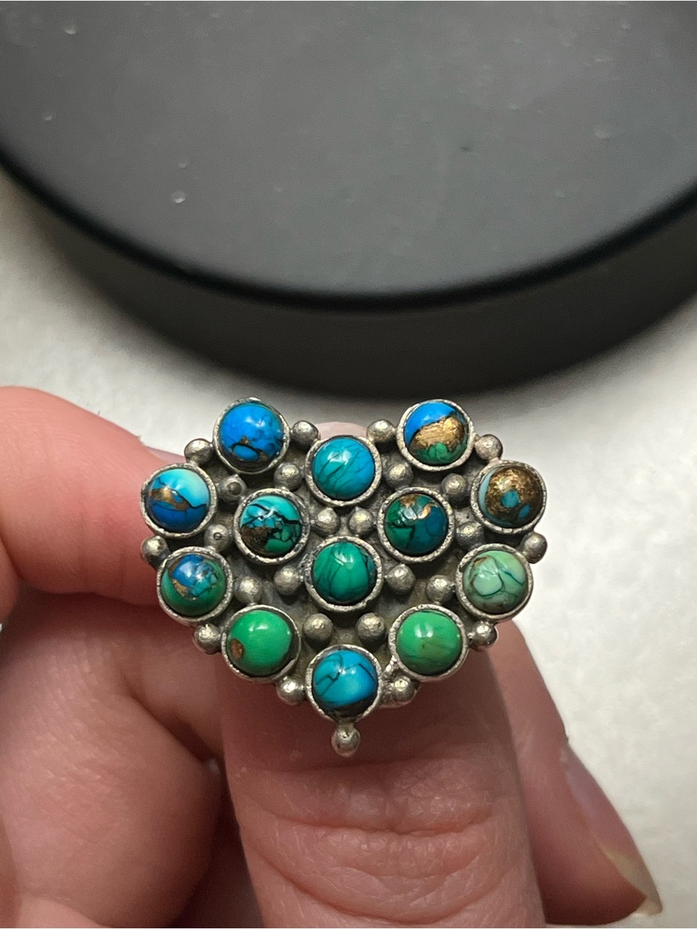 Sterling Silver Peacock Dahlia Heart Ring with Turquoise Adjustable